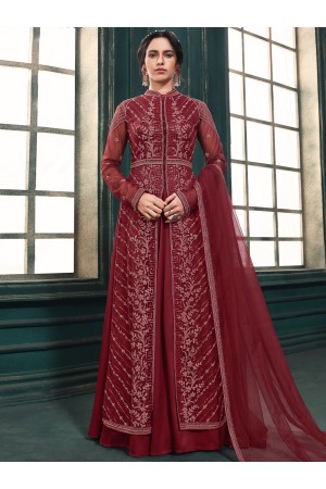 Maroon Net Satin Anarkali Gown